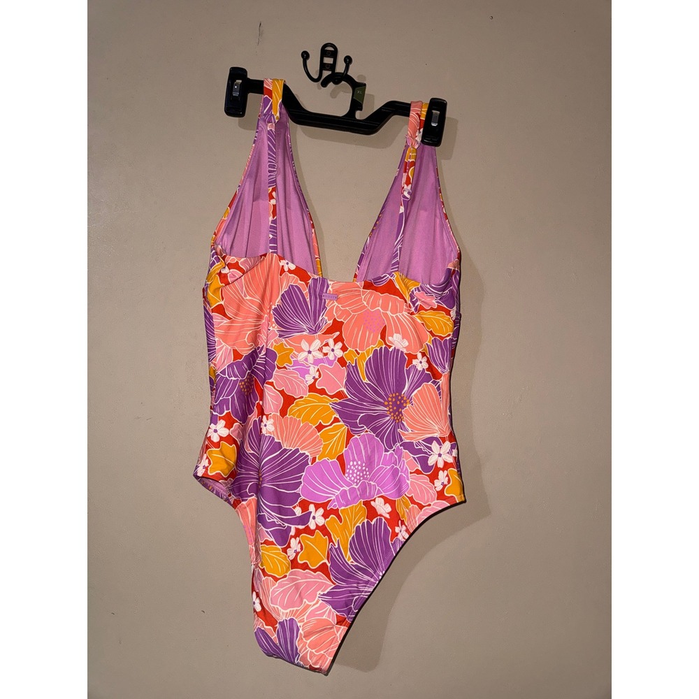 Roxy Womens Floral One Piece Swimsuit Purple Orange Retro V-Neck XL NWT